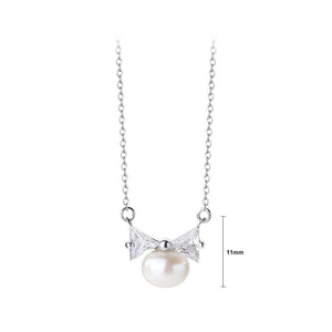 925 Sterling Silver Simple and Sweet Ribbon Imitation Pearl Pendant with Cubic Zirconia and Necklace