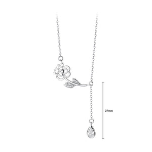 925 Sterling Silver Fashion Simple Rose Water Drop Tassel Pendant with Cubic Zirconia and Necklace
