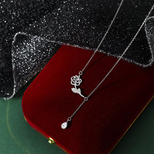 925 Sterling Silver Fashion Simple Rose Water Drop Tassel Pendant with Cubic Zirconia and Necklace