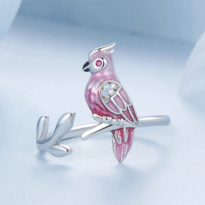 925 Sterling Silver Fashion Simple Enamel Pink Parrot Adjustable Open Ring with Cubic Zirconia