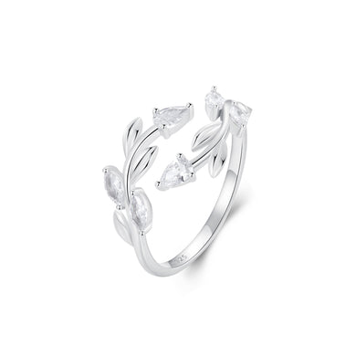 925 Sterling Silver Simple Fashion Leaf Adjustable Open Ring with Cubic Zirconia