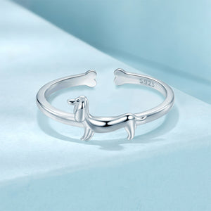 925 Sterling Silver Simple Cute Dachshund Geometric Adjustable Open Ring