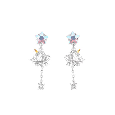 925 Sterling Silver Fashion Creative Unicorn Star Tassel Earrings with Cubic Zirconia