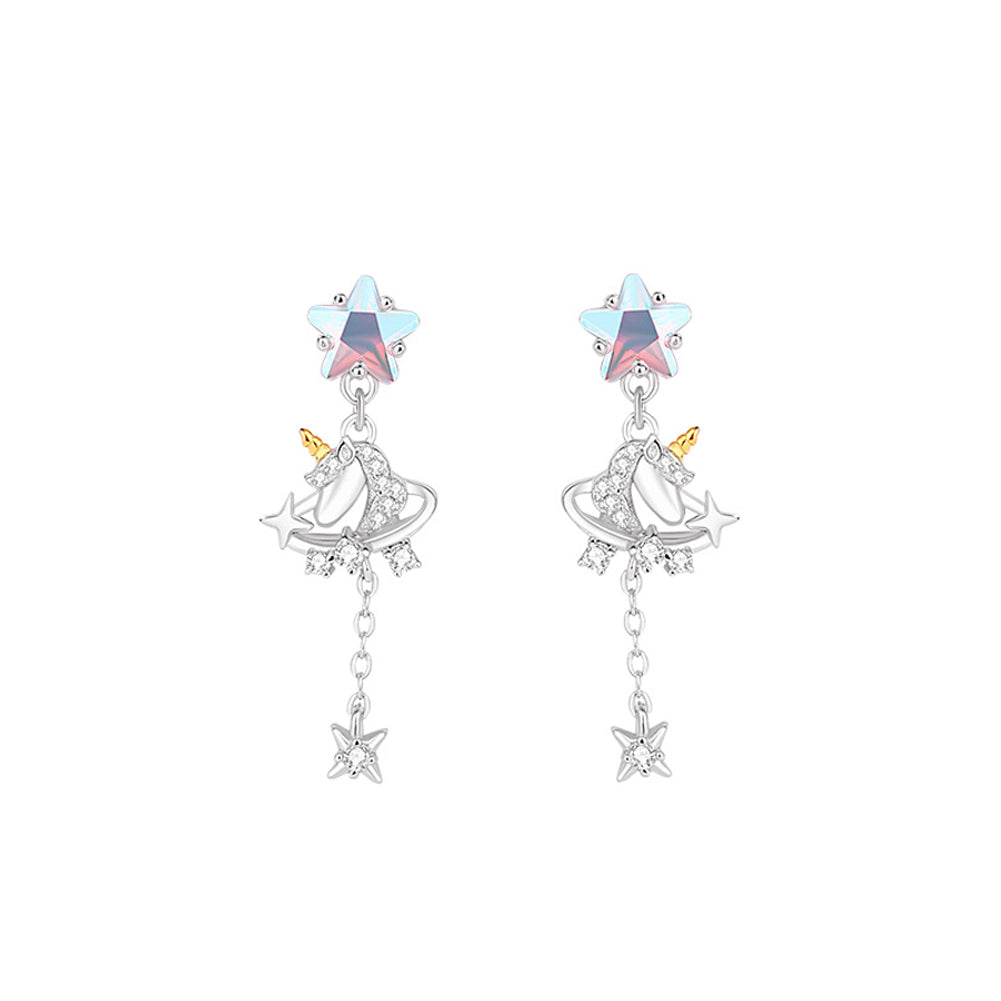 925 Sterling Silver Fashion Creative Unicorn Star Tassel Earrings with Cubic Zirconia