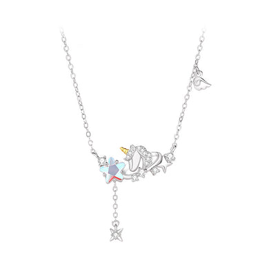 925 Sterling Silver Fashion Creative Unicorn Star Tassel Pendant with Cubic Zirconia and Necklace