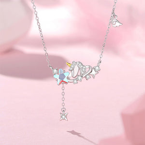925 Sterling Silver Fashion Creative Unicorn Star Tassel Pendant with Cubic Zirconia and Necklace