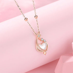 925 Sterling Silver Plated Rose Gold Fashion Simple Planet Heart-shaped Imitation Pearl Pendant with Cubic Zirconia and Necklace