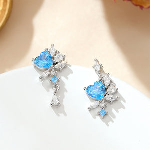 925 Sterling Silver Fashion Heart-shaped Tassel Earrings with Blue Cubic Zirconia