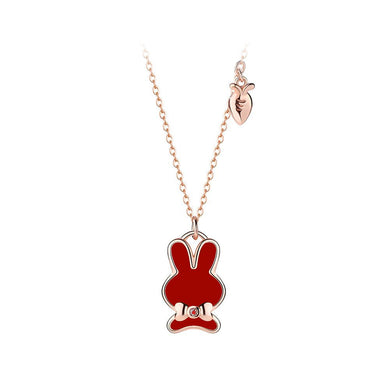 925 Sterling Silver Plated Rose Gold Simple Cute Enamel Rabbit Pendant with Necklace