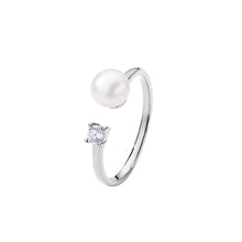 Load image into Gallery viewer, 925 Sterling Silver Fashion Simple Geometric Imitation Pearl Adjustable Open Ring with Cubic Zirconia