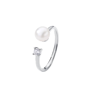925 Sterling Silver Fashion Simple Geometric Imitation Pearl Adjustable Open Ring with Cubic Zirconia