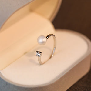 925 Sterling Silver Fashion Simple Geometric Imitation Pearl Adjustable Open Ring with Cubic Zirconia