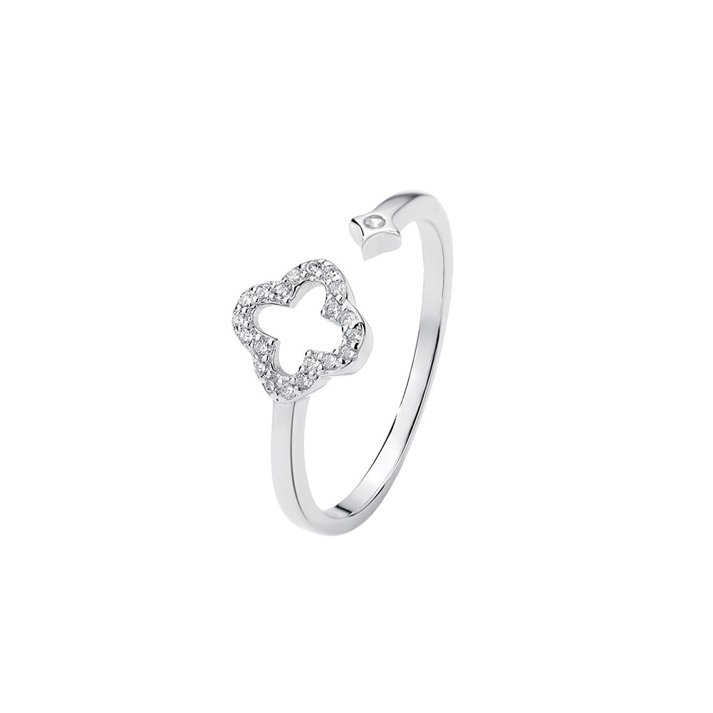 925 Sterling Silver Fashion Simple Hollow Four-leafed Clover Adjustable Open Ring with Cubic Zirconia