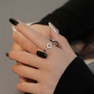925 Sterling Silver Fashion Simple Hollow Four-leafed Clover Adjustable Open Ring with Cubic Zirconia