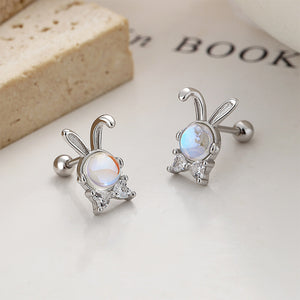 925 Sterling Silver Simple Cute Rabbit Moonstone Stud Earrings with Cubic Zirconia