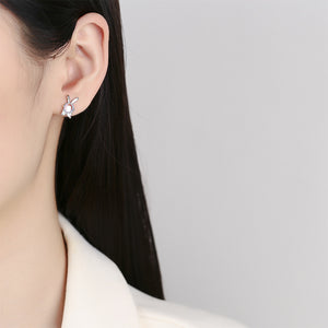 925 Sterling Silver Simple Cute Rabbit Moonstone Stud Earrings with Cubic Zirconia
