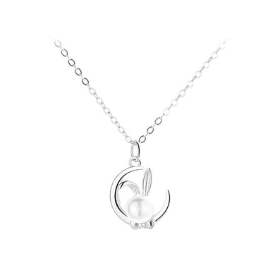 925 Sterling Silver Fashion Simple Rabbit Imitation Pearl Moon Pendant with Necklace
