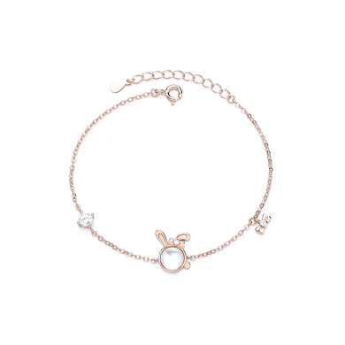 925 Sterling Silver Plated Rose Gold Fashion Cute Rabbit Moonstone Bracelet with Cubic Zirconia