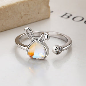925 Sterling Silver Simple Cute Rabbit Moonstone Adjustable Open Ring