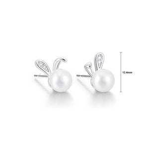 925 Sterling Silver Simple Cute Rabbit Imitation Pearl Stud Earrings with Cubic Zirconia