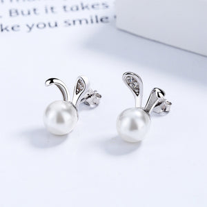 925 Sterling Silver Simple Cute Rabbit Imitation Pearl Stud Earrings with Cubic Zirconia
