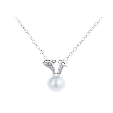 925 Sterling Silver Simple Cute Rabbit Imitation Pearl Pendant with Cubic Zirconia and Necklace