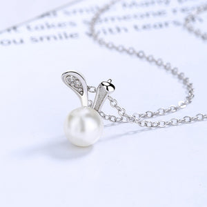925 Sterling Silver Simple Cute Rabbit Imitation Pearl Pendant with Cubic Zirconia and Necklace