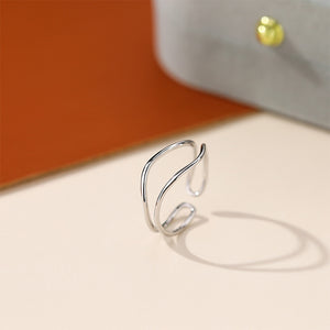 925 Sterling Silver Simple and Personalized Irregular Line Double Layer Geometric Adjustable Open Ring