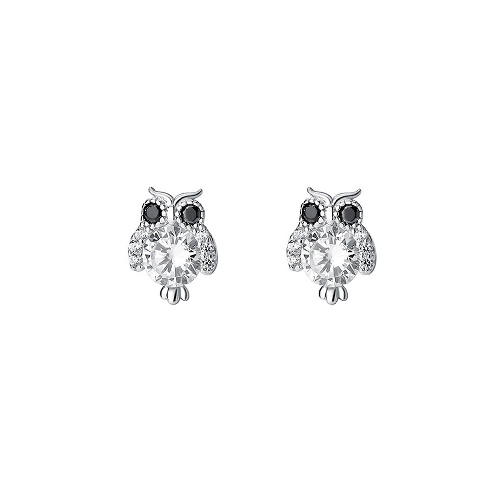 925 Sterling Silver Simple Cute Owl Stud Earrings with Cubic Zirconia