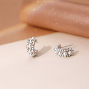 925 Sterling Silver Simple and Elegant C-Shaped Geometric Imitation Pearl Stud Earrings with Cubic Zirconia