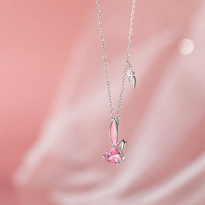 925 Sterling Silver Simple Cute Rabbit Pendant with Cubic Zirconia and Necklace