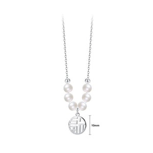 925 Sterling Silver Fashion and Elegant Geometric Imitation Pearl Pendant with Blessing Character and Necklace
