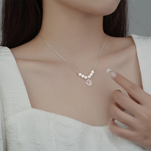 925 Sterling Silver Fashion and Elegant Geometric Imitation Pearl Pendant with Blessing Character and Necklace