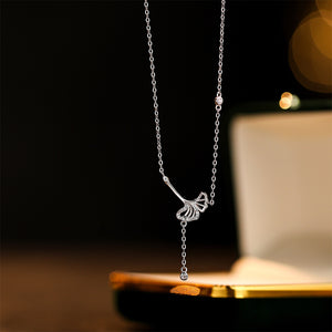 925 Sterling Silver Simple and Fashion Ginkgo Leaf Tassel Pendant with Cubic Zirconia and Necklace