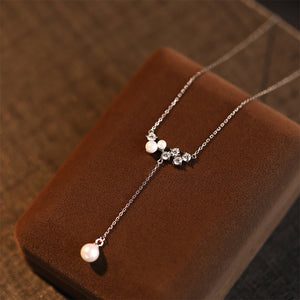 925 Sterling Silver Simple and Elegant Geometric Tassel Imitation Pearl Pendant with Cubic Zirconia and Necklace