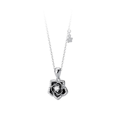 925 Sterling Silver Fashion Simple Enamel Camellia Pendant with Cubic Zirconia and Necklace