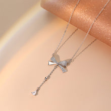 Load image into Gallery viewer, 925 Sterling Silver Simple and Sweet Ribbon Tassel Pendant with Cubic Zirconia and Necklace
