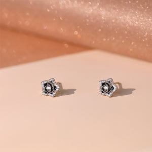 925 Sterling Silver Simple Temperament Enamel Camellia Stud Earrings with Cubic Zirconia