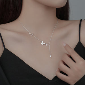 925 Sterling Silver Fashion Simple Butterfly Mother-of-pearl Pendant with Cubic Zirconia and Necklace