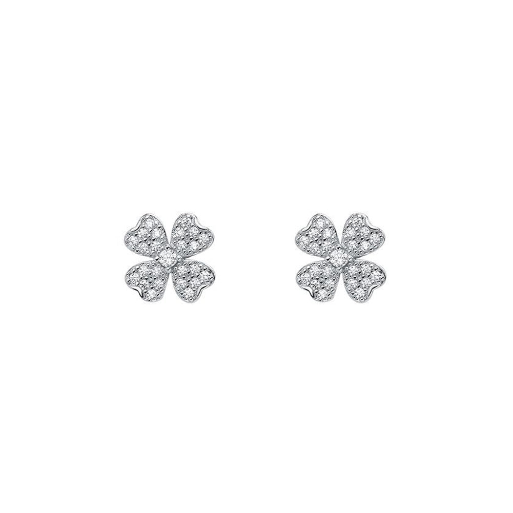 925 Sterling Silver Simple Brilliant Four-leafed Clover Stud Earrings with Cubic Zirconia