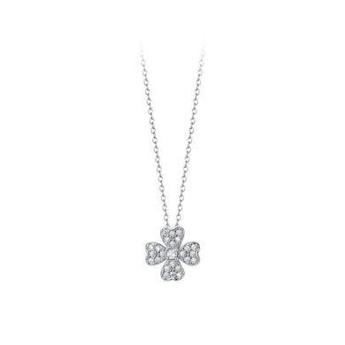 925 Sterling Silver Simple Brilliant Four-leafed Clover Pendant with Cubic Zirconia and Necklace