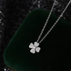 925 Sterling Silver Simple Brilliant Four-leafed Clover Pendant with Cubic Zirconia and Necklace