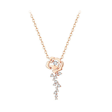 925 Sterling Silver Plated Rose Gold Fashion and Elegant Rose Tassel Pendant with Cubic Zirconia and Necklace