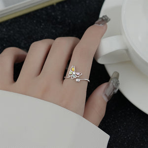 925 Sterling Silver Fashion Colorful Butterfly Adjustable Open Ring with Cubic Zirconia