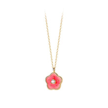 Load image into Gallery viewer, 925 Sterling Silver Plated Gold Simple Sweet Enamel Pink Flower Pendant with Cubic Zirconia and Necklace