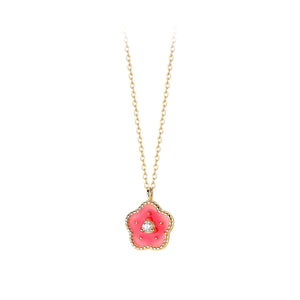 925 Sterling Silver Plated Gold Simple Sweet Enamel Pink Flower Pendant with Cubic Zirconia and Necklace