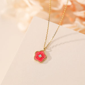 925 Sterling Silver Plated Gold Simple Sweet Enamel Pink Flower Pendant with Cubic Zirconia and Necklace