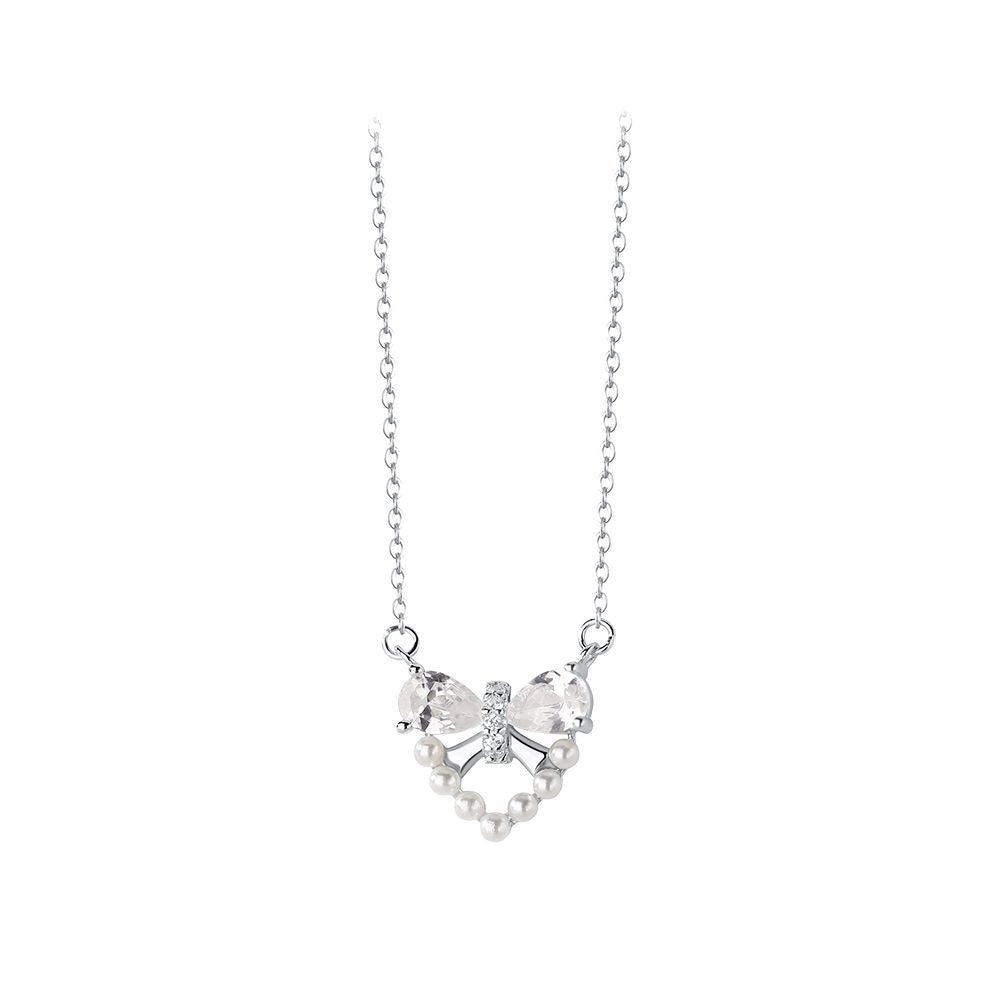 925 Sterling Silver Sweet Fashion Ribbon Heart Shaped Imitation Pearl Pendant with Cubic Zirconia and Necklace