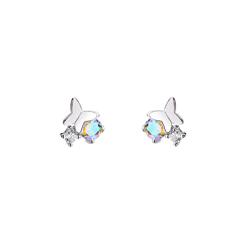925 Sterling Silver Simple Sweet Butterfly Stud Earrings with Colored Cubic Zirconia