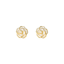 Load image into Gallery viewer, 925 Sterling Silver Plated Gold Simple and Elegant Enamel Camellia Imitation Pearl Stud Earrings